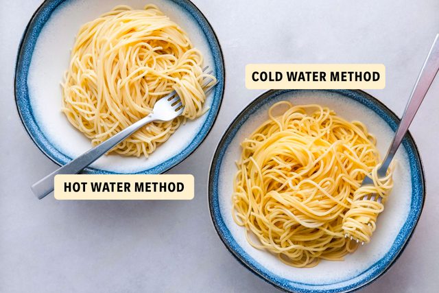 Spaghetti Pasta in Ceramic Plates with Forks with Labels, Does The Cold Water Pasta Hack Work?