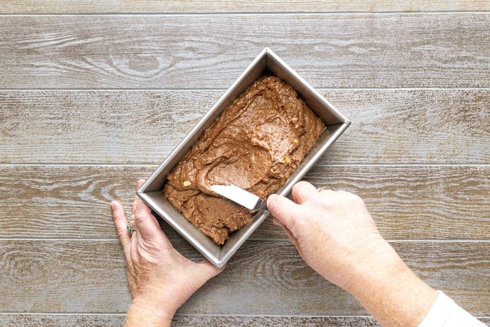 Chocolate Banana Bread mixture in a loaf pan 