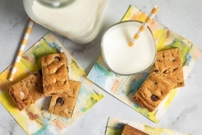 Chocolate Chip Blondies served with glass of milk 