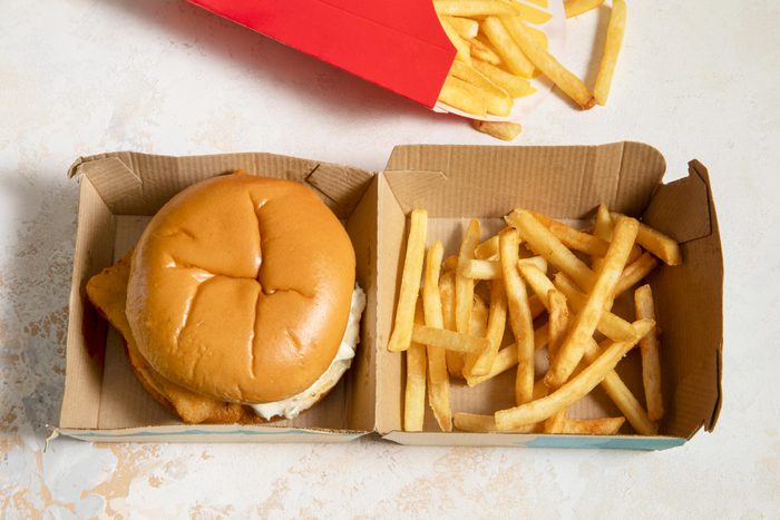 top view of fries and a Filet-o-Fish in McDonalds box