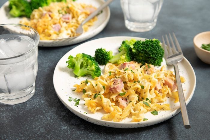 Ham And Noodle Casserole served on plate with fork
