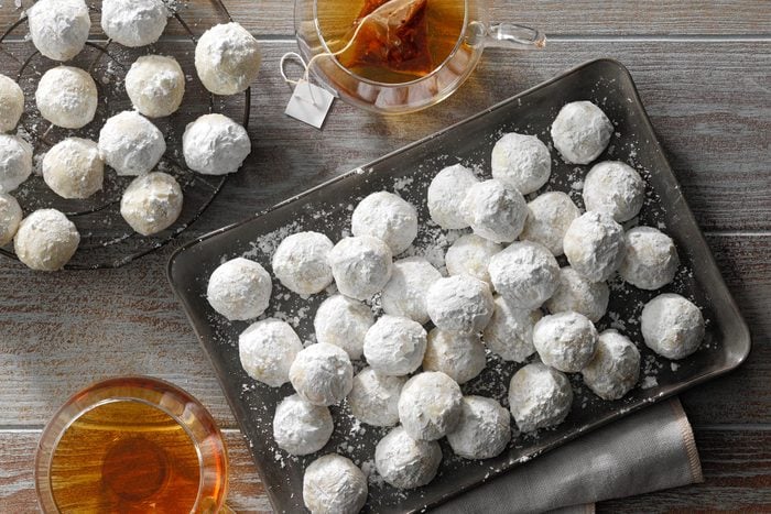 Russian Tea Cakes in Tray with Tea