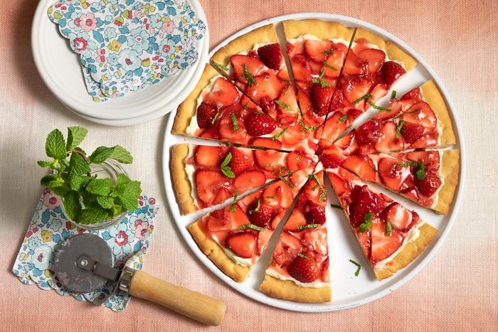 Strawberry Pizza sliced on plate 