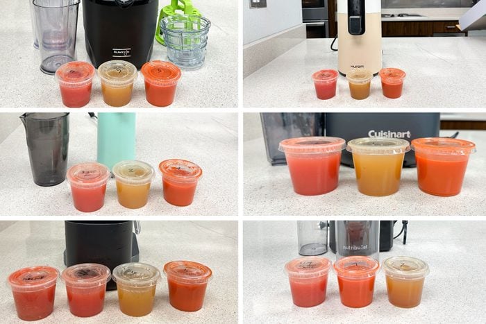 Six different pictures of juices from different mixes