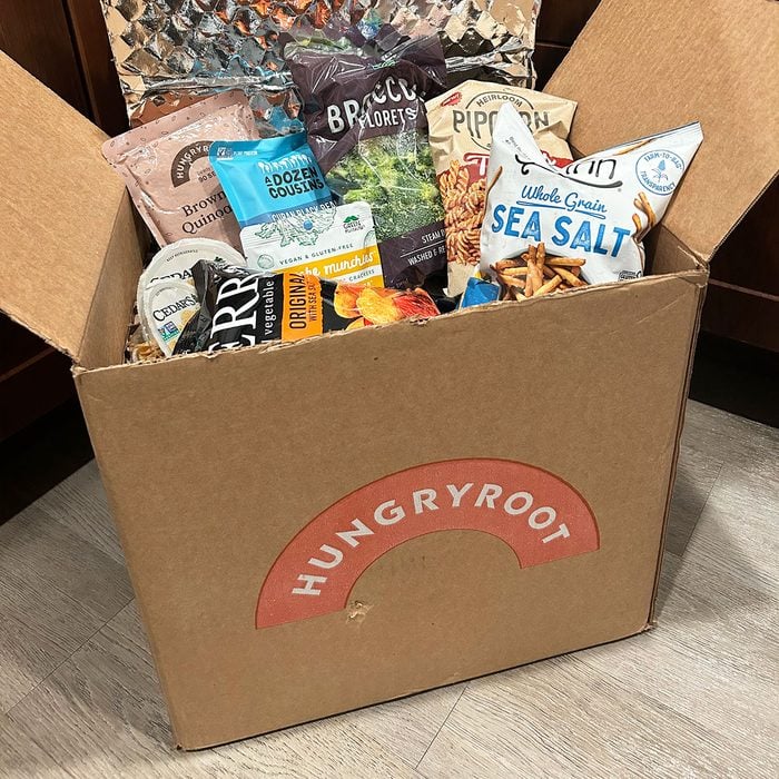 Hungryroot box filled with packed products