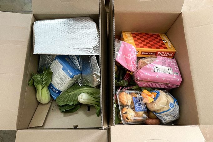 Grocery items in a box