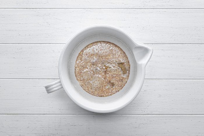 Whisk together the dairy-free milk, oil, ground flaxseed, apple cider vinegar and vanilla extract in a bowl