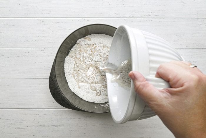 Stir both wet and dry mixture together in a bowl