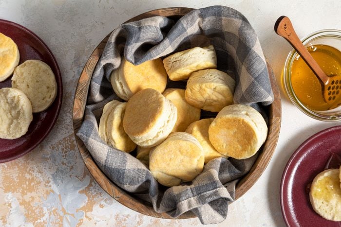 2 Ingredient Biscuits served in a basket with honey