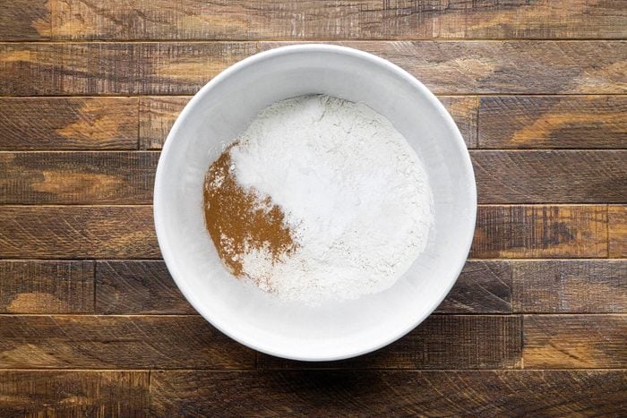 Whisk together the flour, baking powder, baking soda, cinnamon and salt in a large bowl