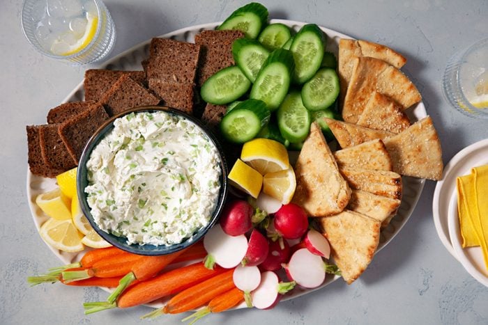 Benedictine Spread Served with an assortment of vegetables, snack rye bread and pita bread.
