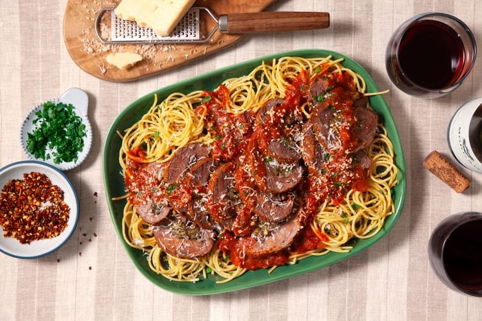 Serve Braciole over spaghetti with grated Parmesan cheese and minced fresh parsley