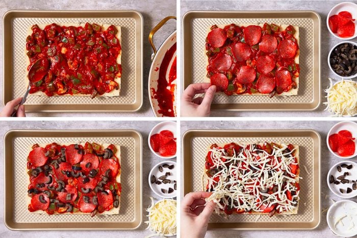 Grid of 4 images with making pizza sliders