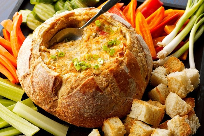 Seafood Dip served with bread cubes and vegetables