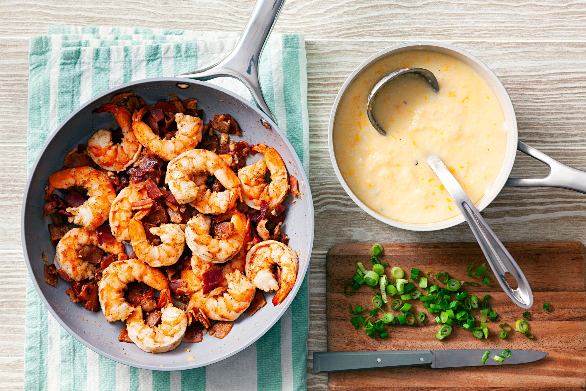 A pan of Southern Shrimp and Grits, a classic dish featuring succulent shrimp served with creamy grits