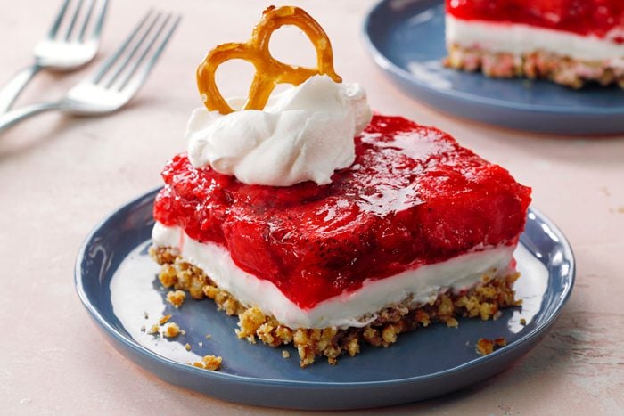 Strawberry Pretzel Salad featuring a crunchy pretzel crust, creamy filling, and sweet strawberry topping