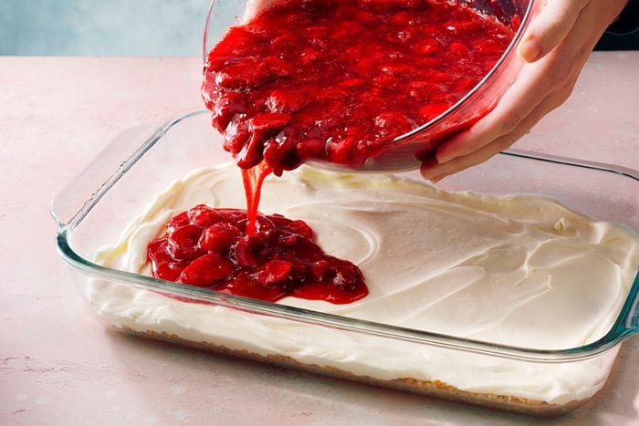 Carefully spread Strawberry Jello-O over the the dish
