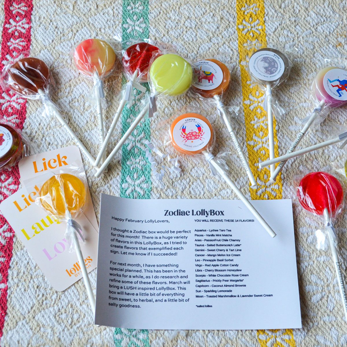 The Lollybox lollypops place on a table