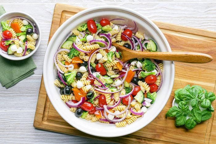 large serving bowl of pasta salad
