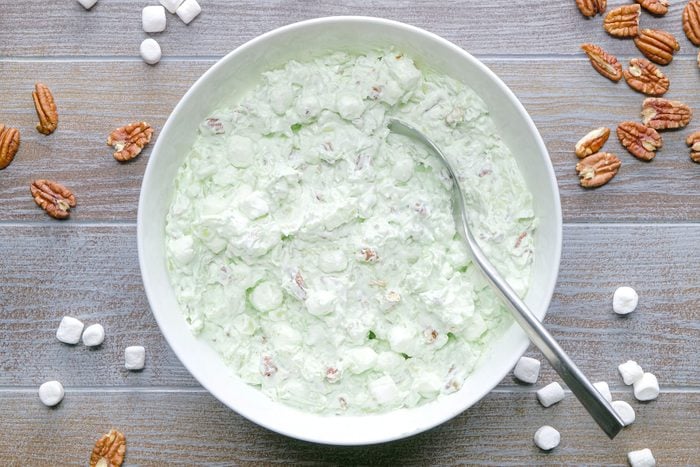 Watergate Salad top view with nuts and marshmallows