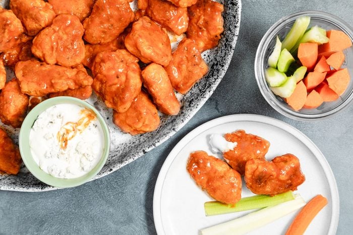 Boneless buffalo wings served with ranch dip