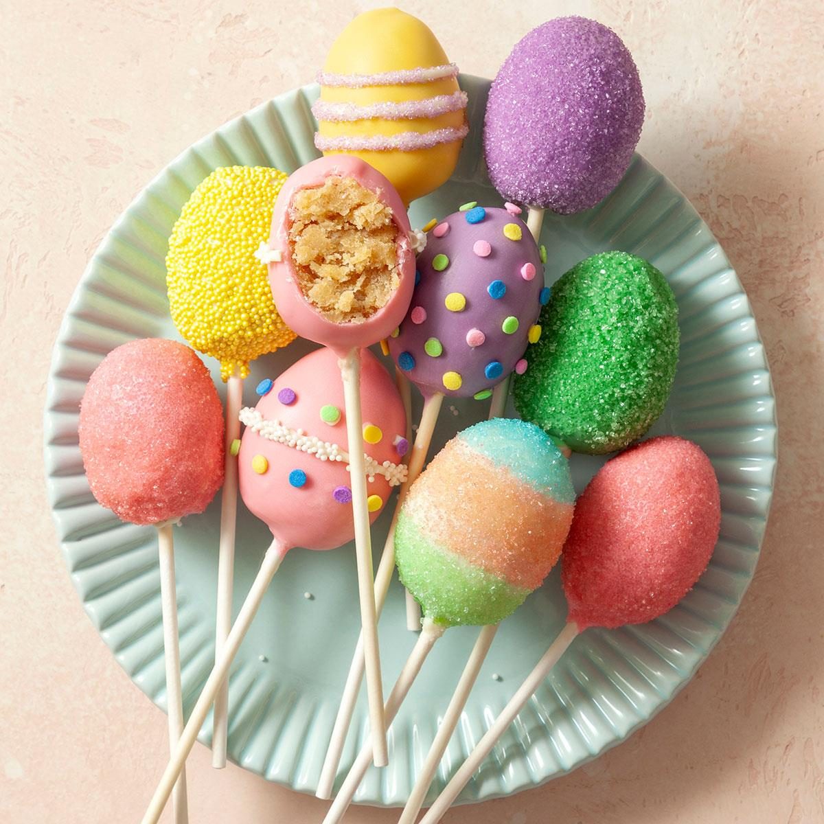 Colourful Easter Cake Pops served in a plate