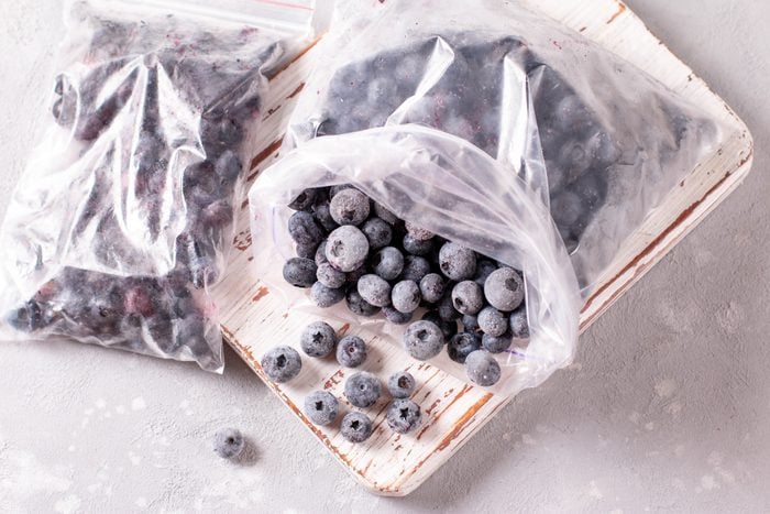 Frozen berries: blueberries in a plastic bag. Frozen berries
