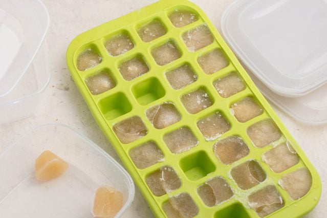 Frozen beef broth cubes in silicone tray