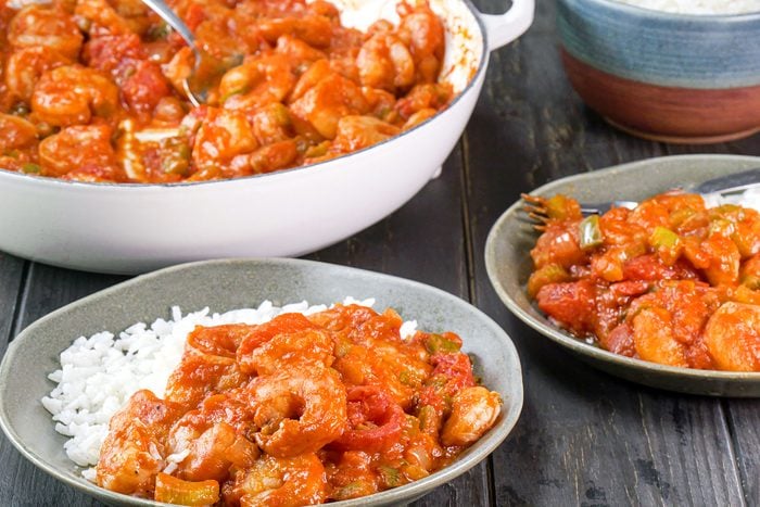 Shrimp Creole served with rice on plates