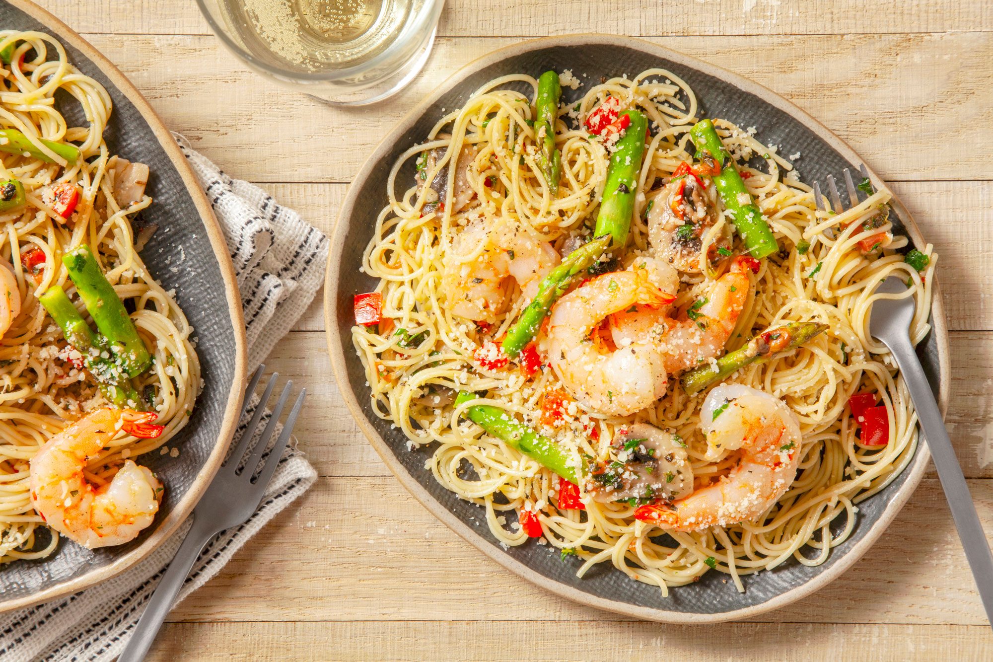 A delicious plate of Shrimp Pasta Primavera served with spaghetti