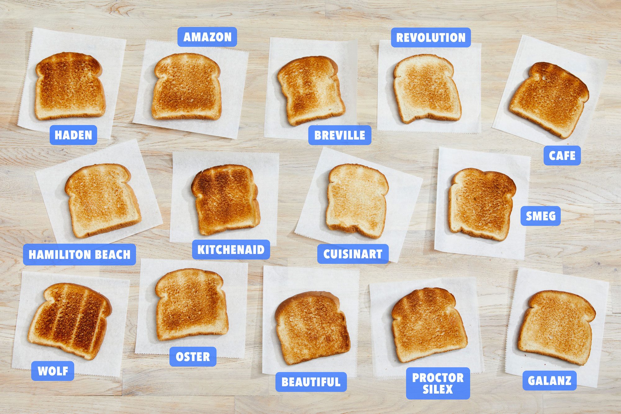 Toasted Breads with Toaster Brand Labels on Wooden Surface