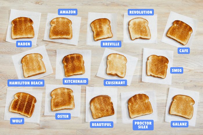 Toasted Breads with Labels on Wooden Surface