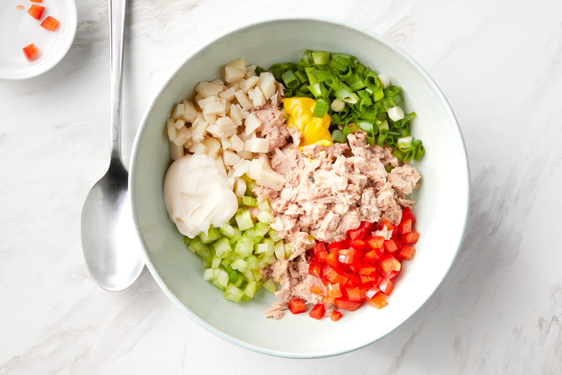 A bowl of tuna with chopped vegetables and