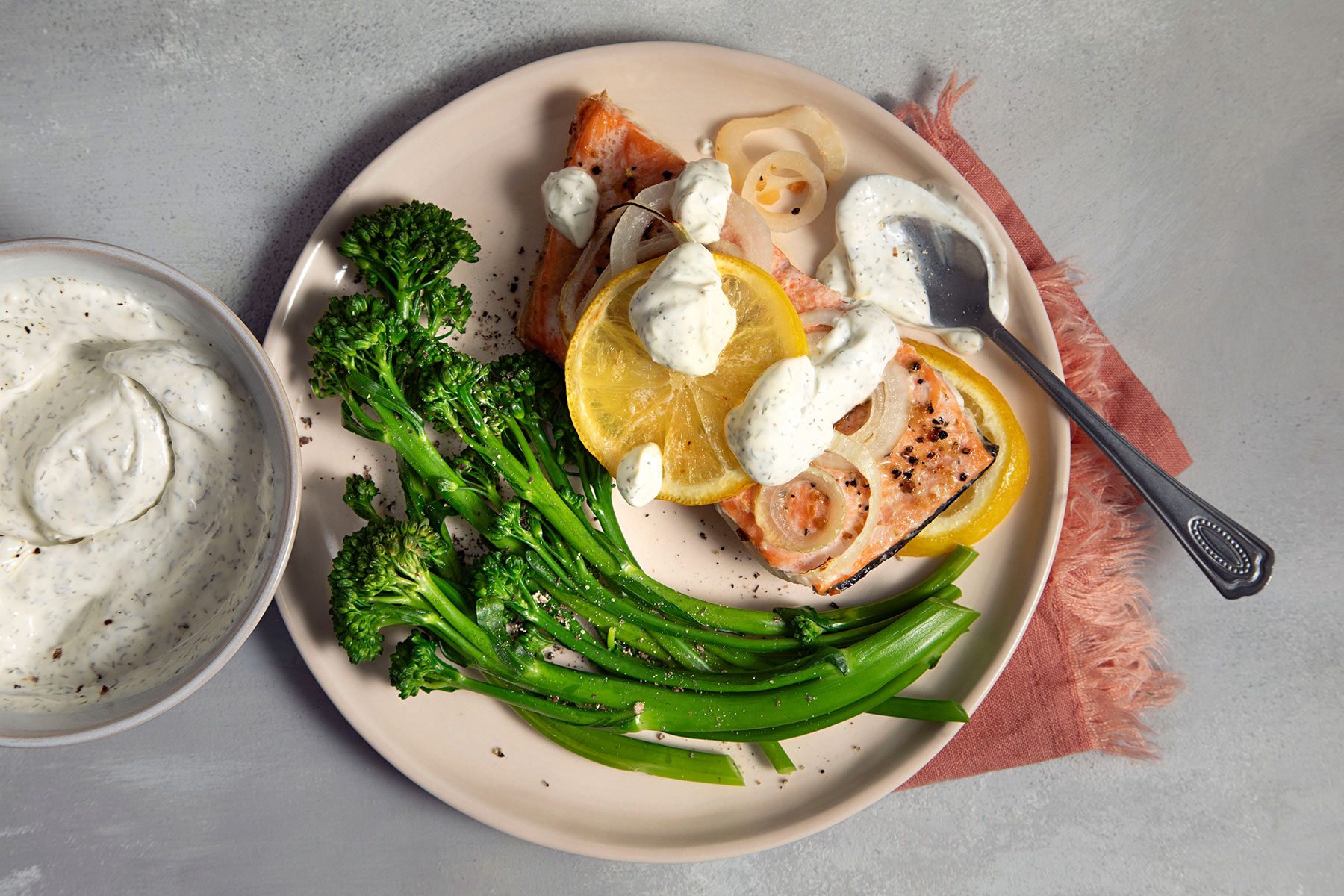 Dill Sauce For Salmon served on lemon slices and other vegetables 