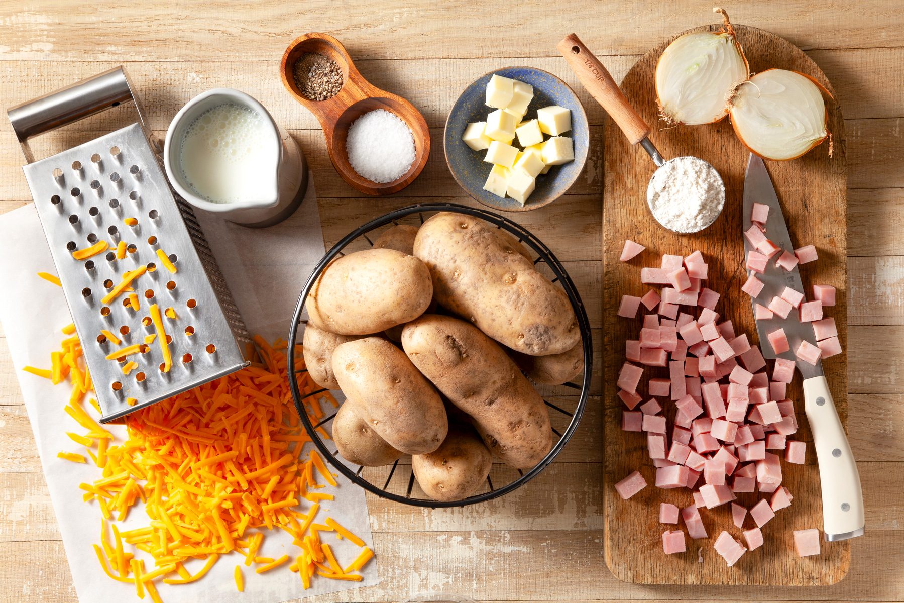 overhead shot of ingredients on a wooden surface
