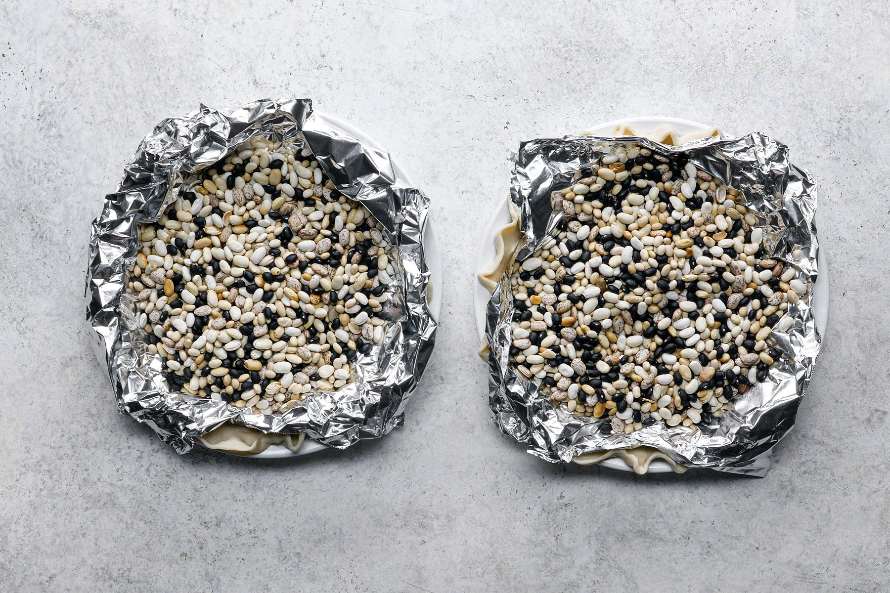 Foil filled with beans used as weights
