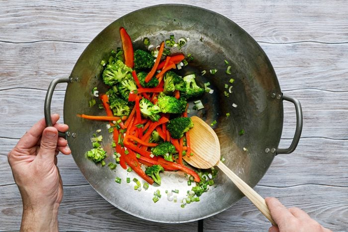 Stir-fry the vegetables in a large non-stick skillet
