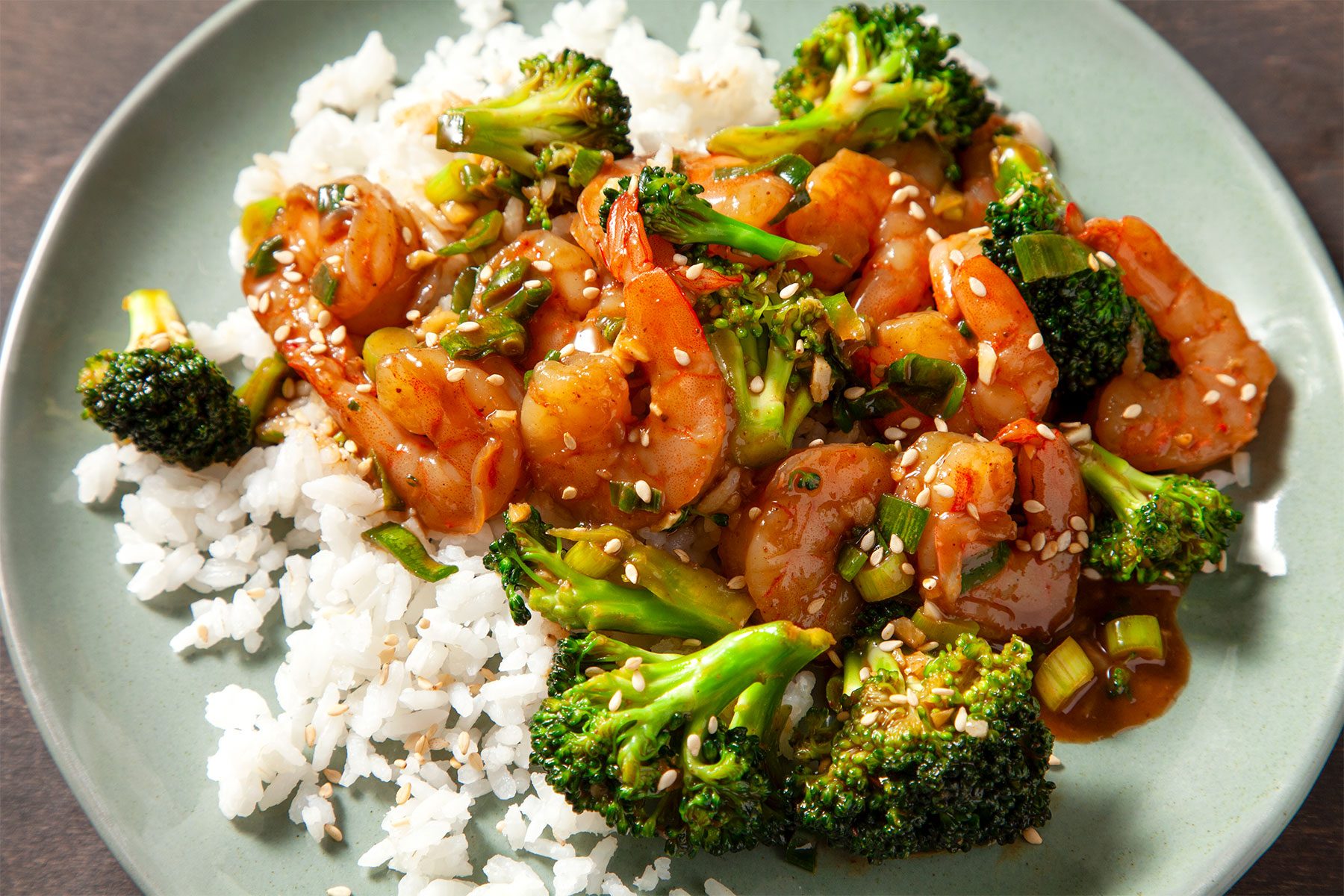Shrimp And Broccoli Stir Fry served with rice on plate