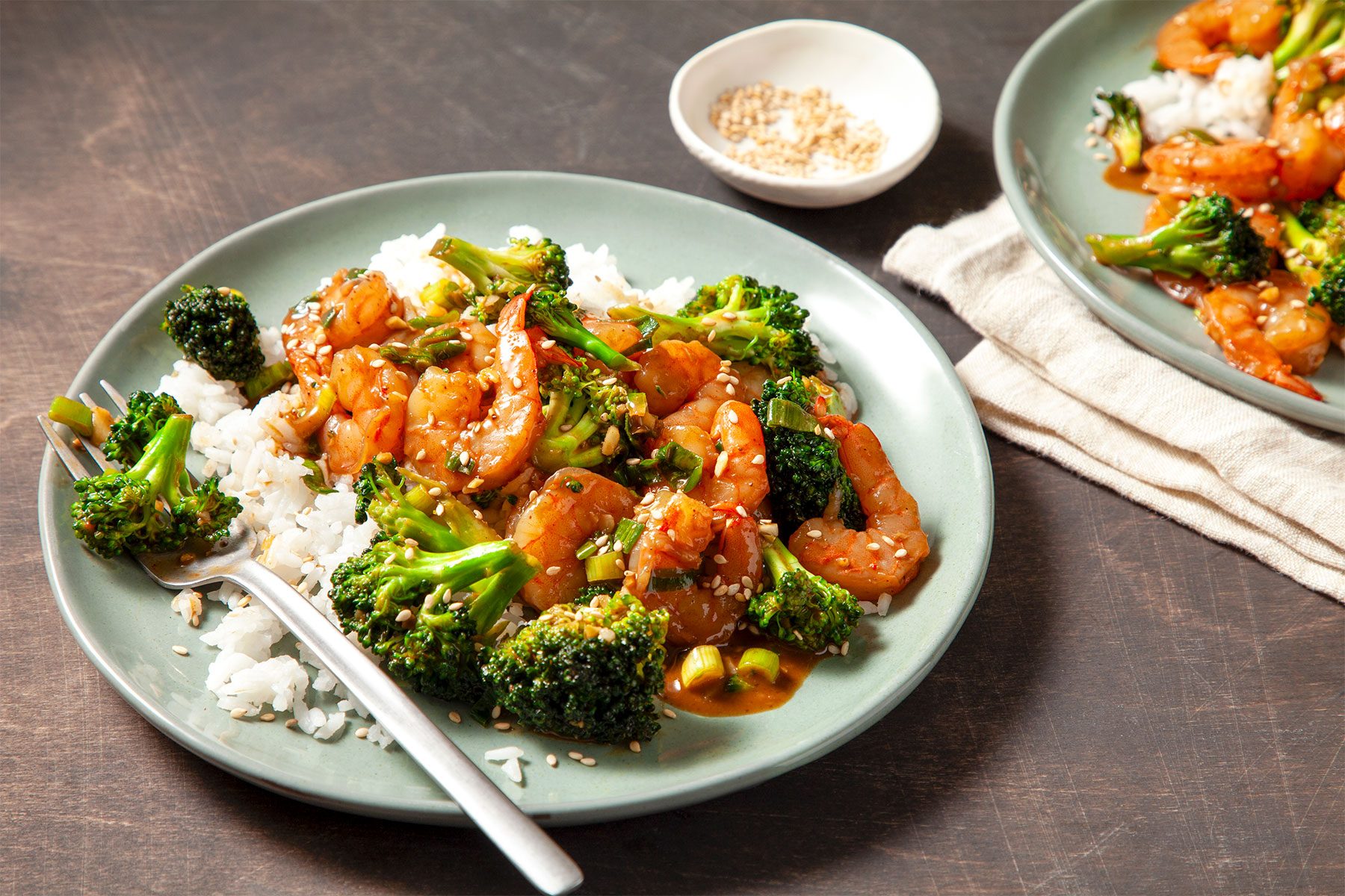 Shrimp And Broccoli Stir Fry served with rice on plate